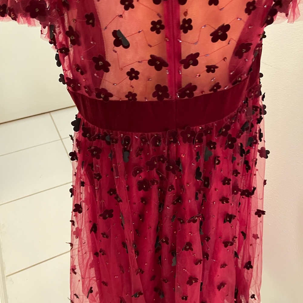 Mac Duggal Deep Berry Midi Dress with Burgundy Floral Appliqués - Picture 9 of 10